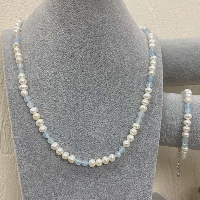 Set Necklace and Bracelet River Pearls Round, diameter 6.5×6mm±, Aquamarine Faceted Bead, diameter 5mm±, length 55cm±, length 18mm± with extender