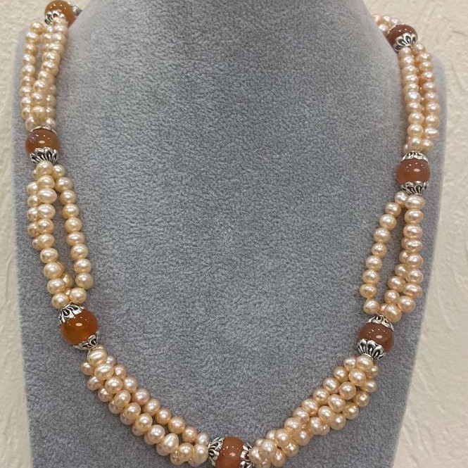Three-row Necklace of Freshwater Pearls and Carnelian Bead 10mm+ adjustable length, length 53cm +5cm extender chain