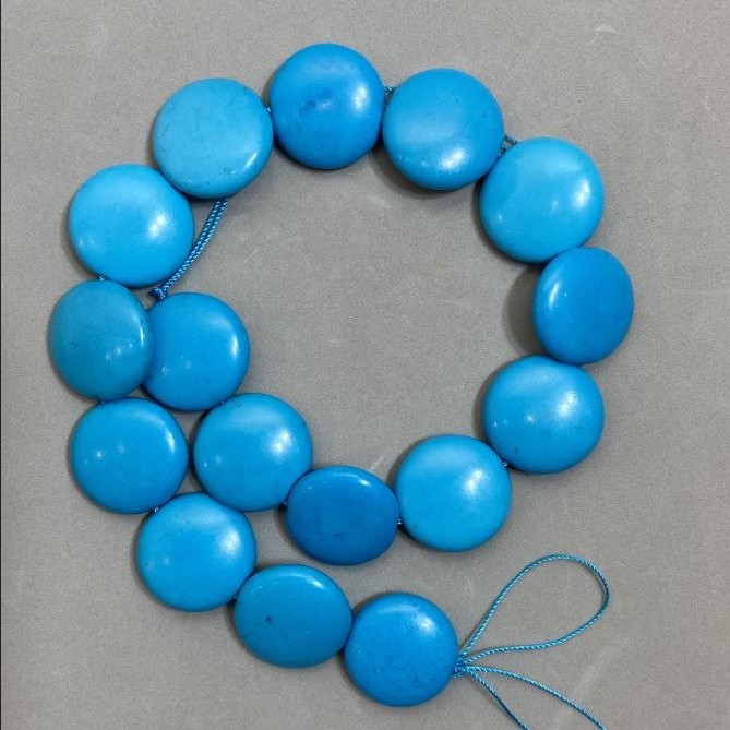 Turquoise Beads, pressed coins, 24mm diameter, length 39cm ±