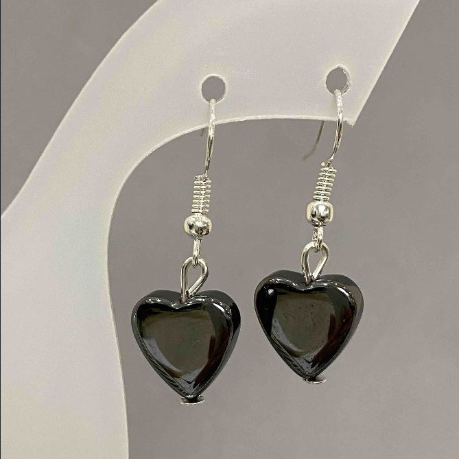 Earrings Hematite Heart, diameter 11mm±, length 30mm±