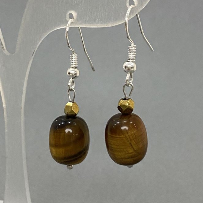 Tiger's Eye Bead Barilo Earrings, diameter 12×10mm±, length 35mm±