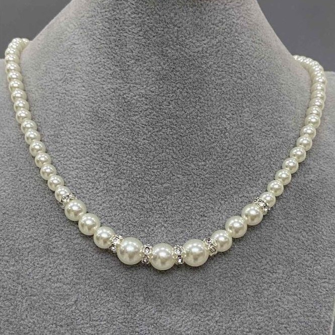 Majorca Pearl Necklace, White Pearls with 6mm± to 10mm± Diameters, 50(±) cm Length, with Clasp