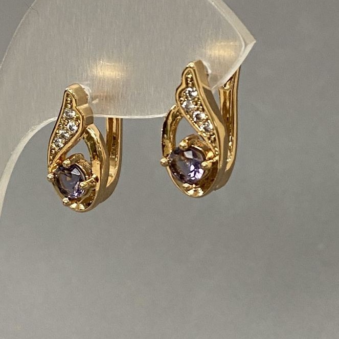 Earrings with Purple Crystals 16×7mm Gold-Tone Metal