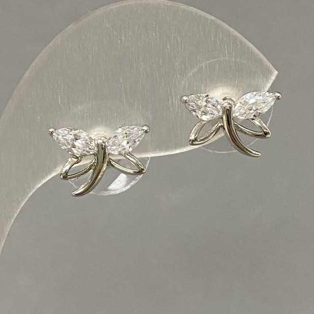 Stud Earrings with White Rhinestones, 10x12 mm diameter, silver-tone metal