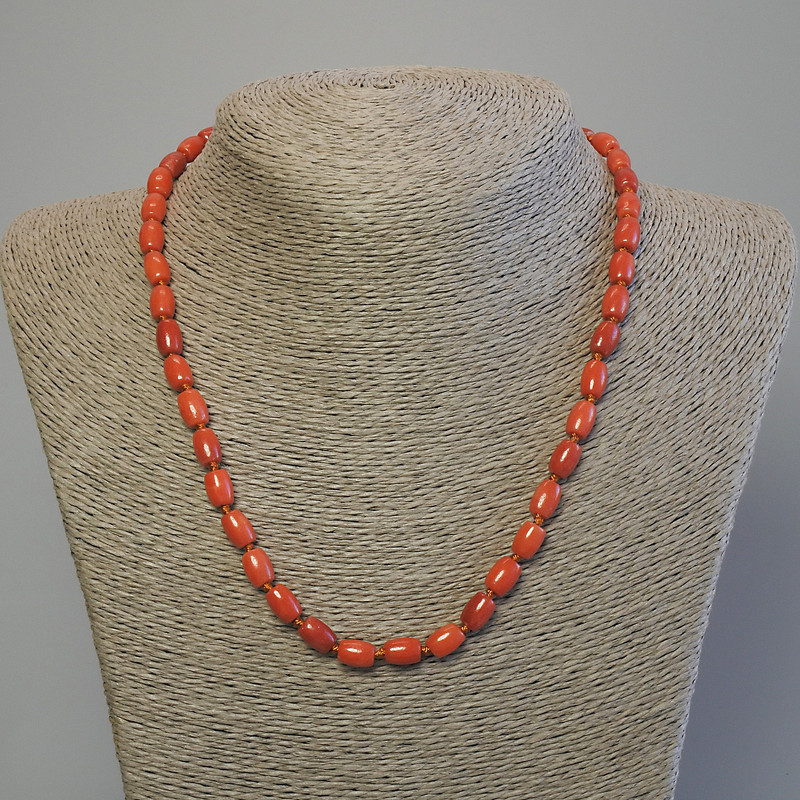 Beads Coral artificial barrel 8x6mm+-, length 50cm+- with clasp
