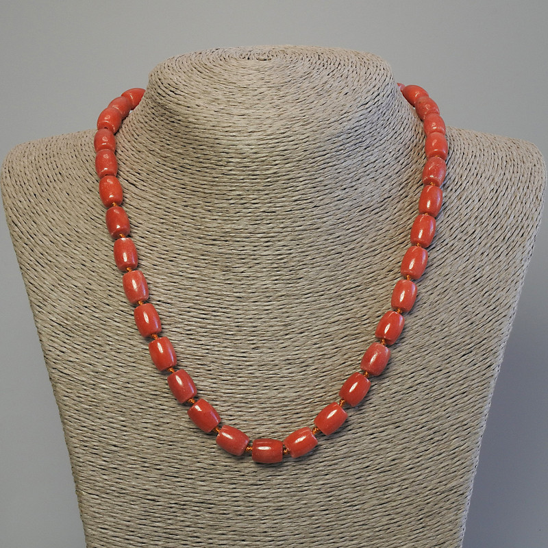 Necklace Beads Coral Artificial Barrels 10x8mm±, length 50cm± with clasp