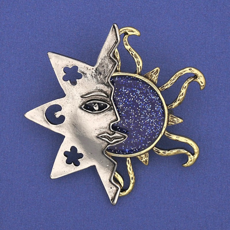 Brooch Sun and Star 48mm+- golden metal