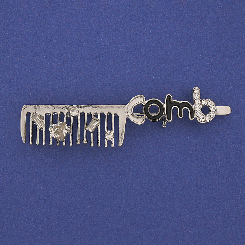Brooch 'Comb' with White Crystals Silver Metal 60x12mm+