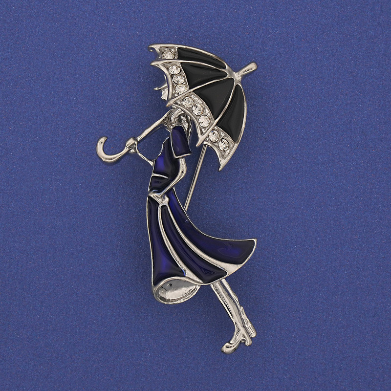 Brooch Pendant: Girl with Umbrella, White Crystals, Silver Metal 48x24mm+