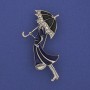 Brooch Pendant: Girl with Umbrella, White Crystals, Silver Metal 48x24mm+