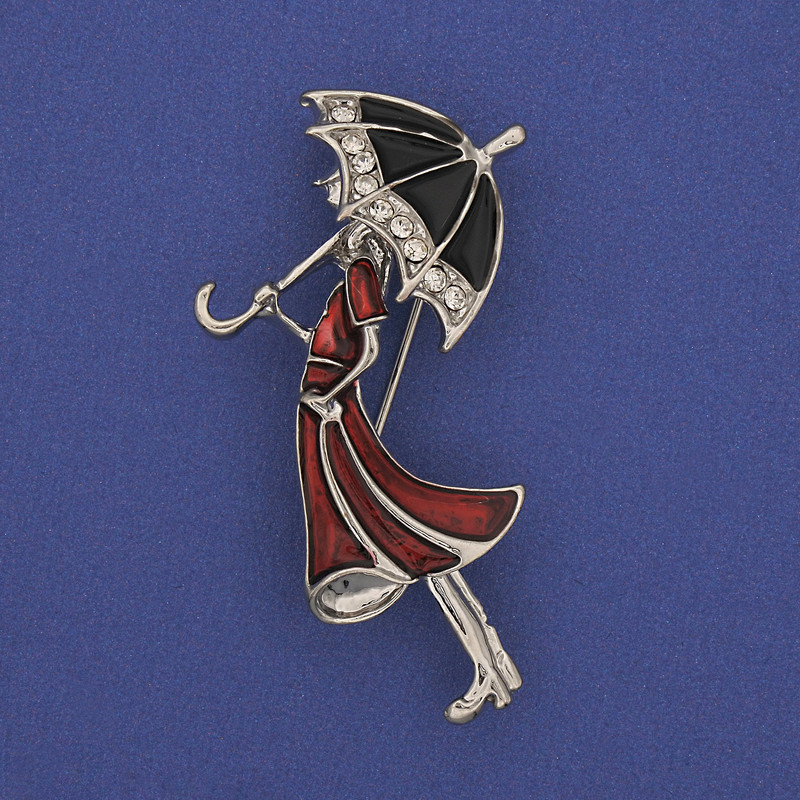 Brooch Pendant 'Girl with an Umbrella' Silver-Tone with White Rhinestones 48x24mm+