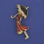 Brooch Pendant 'Girl with an Umbrella' with white crystals on golden metal 48x24mm+