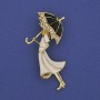 Brooch Pendant "Girl with Umbrella" with white crystals on golden metal 48x24mm+