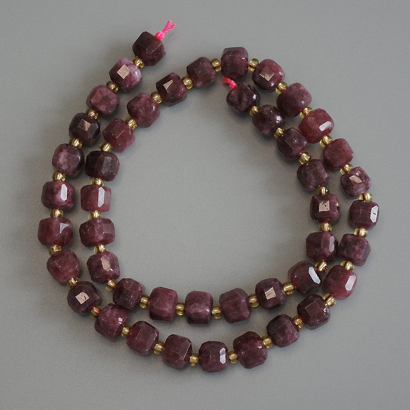 Tourmaline Beads Faceted Cube 6.5x6.5mm+ with Seed Beads 3mm+ on Thread, 38cm+ Length