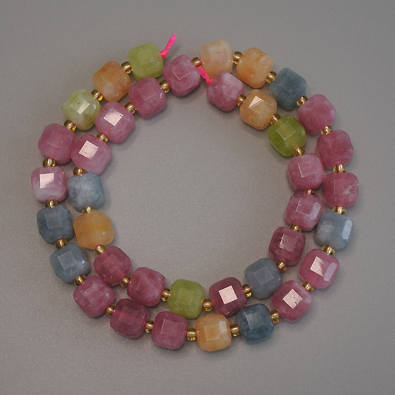 Tourmaline Beads Faceted Cube 7x7mm+ on Thread with 3mm Seed Beads, 38cm+ Length