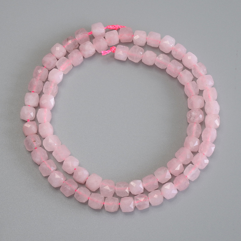 Beads Pink Quartz Faceted Cube, 5x5 mm, length 37 cm on thread