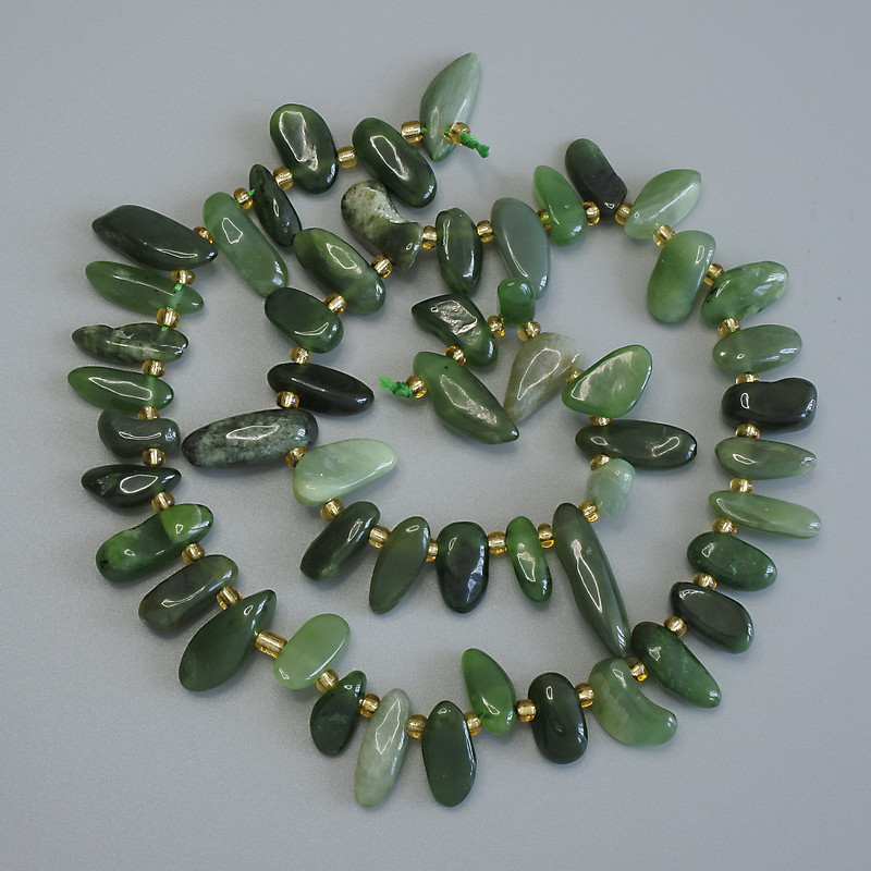 Jadeite Beads Tumbled Butterfly Shape, 12-17×6 mm±, with 3 mm+ seed beads, 40 cm ± on thread