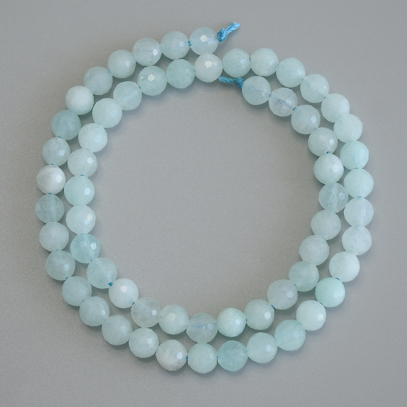 Aquamarine Beads, Faceted Round Bead, 6 mm dia. +/-, 36 cm length on thread