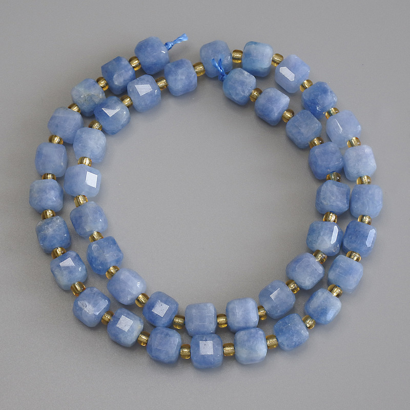 Aquamarine Beads Faceted Cubes, 7x7mm, +/- with 3mm+ beads, 37cm +/- on thread