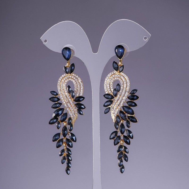 Earrings with dark blue crystals, 9 cm length, yellow metal