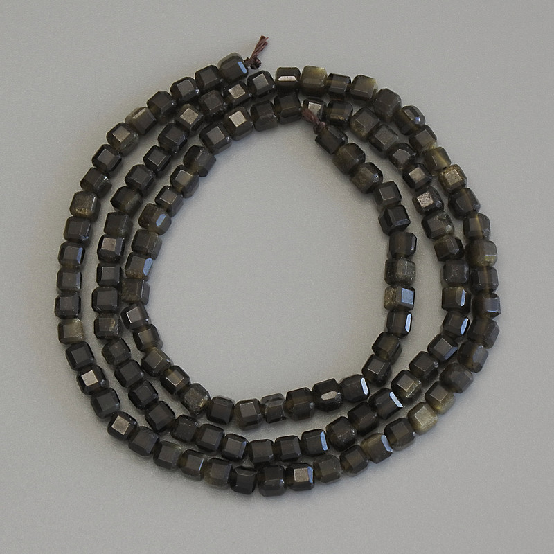Sunstone Obsidian Faceted Cubes Beads, 3mm diameter ±, 39cm length ± on thread