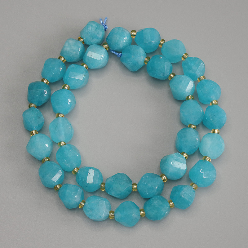 Aquamarine Beads, faceted diamond shape, diameter 10x9 mm±, with 3 mm seed beads±, thread length 39 cm±