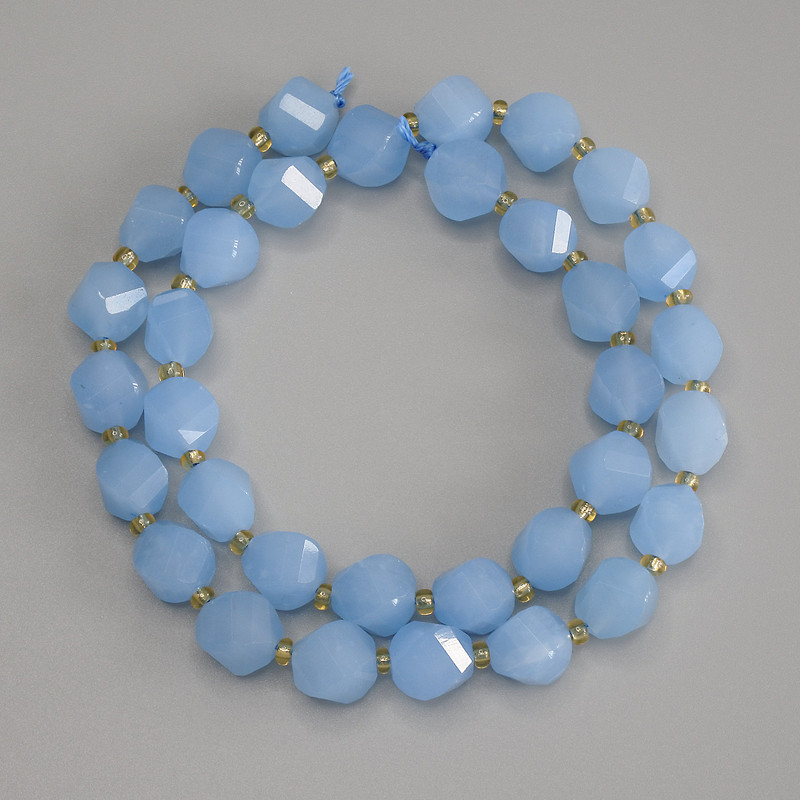 Aquamarine Faceted Diamond Beads, 10x8.5 mm diamond-shaped, 5 mm+, with 3 mm seed beads on thread length about 39 cm