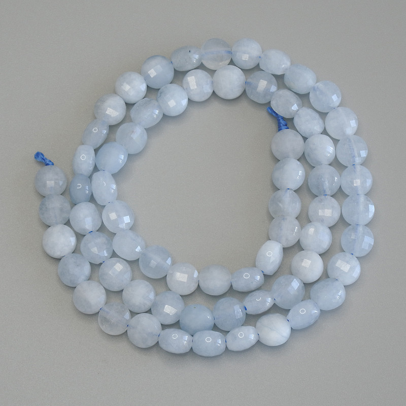Aquamarine Beads, Faceted Coin Shape, 6mm Diameter ±, 39cm Length ± on Thread