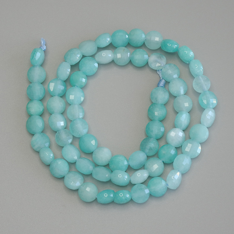 Aquamarine Faceted Coin Beads, 6mm Diameter ±, 39cm Length ± on Thread