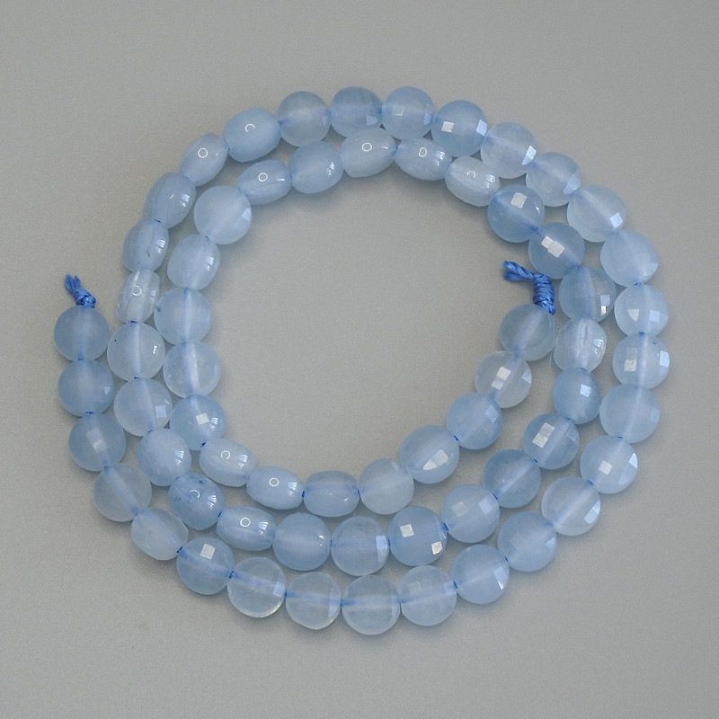 Aquamarine Beads, faceted round coin shape, 6mm diameter ±, 39cm length ± on thread