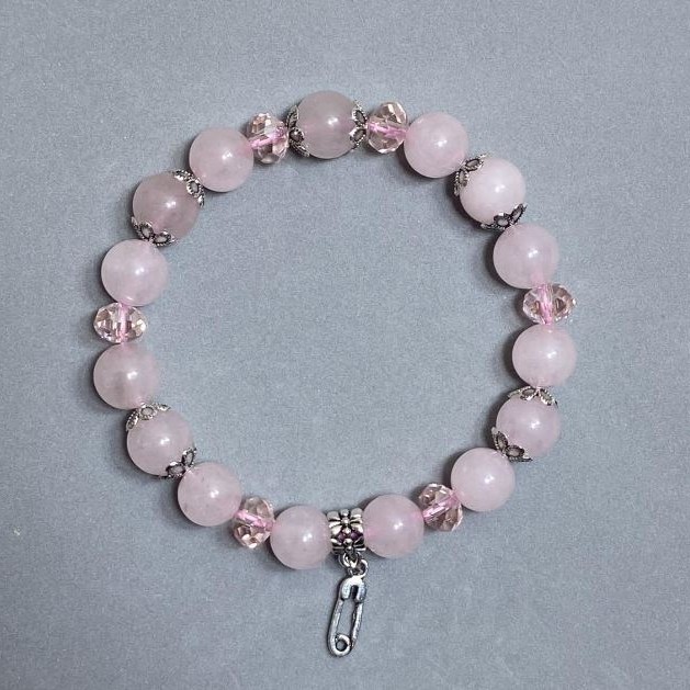 Bracelet Pink Quartz Smooth Bead, diameter 10mm± and Czech Glass Rondelle 8x6mm±, length 18cm± stretch