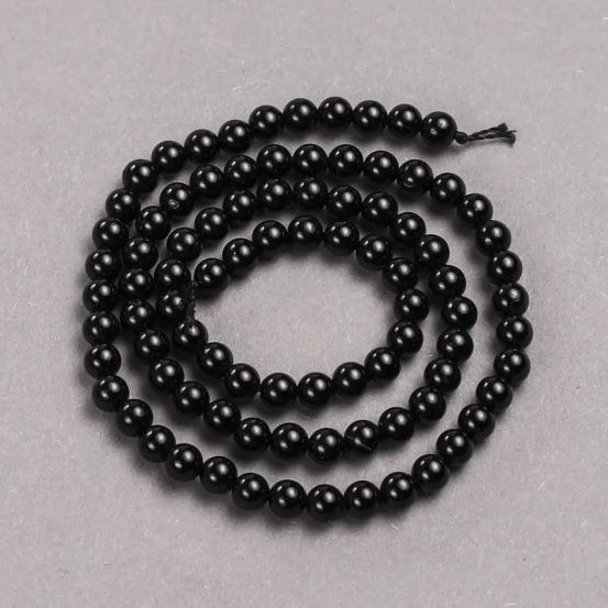 Beads on Thread from Natural Stone Black Tourmaline Smooth Round Bead, diameter 4.5 mm±, length 39 cm±
