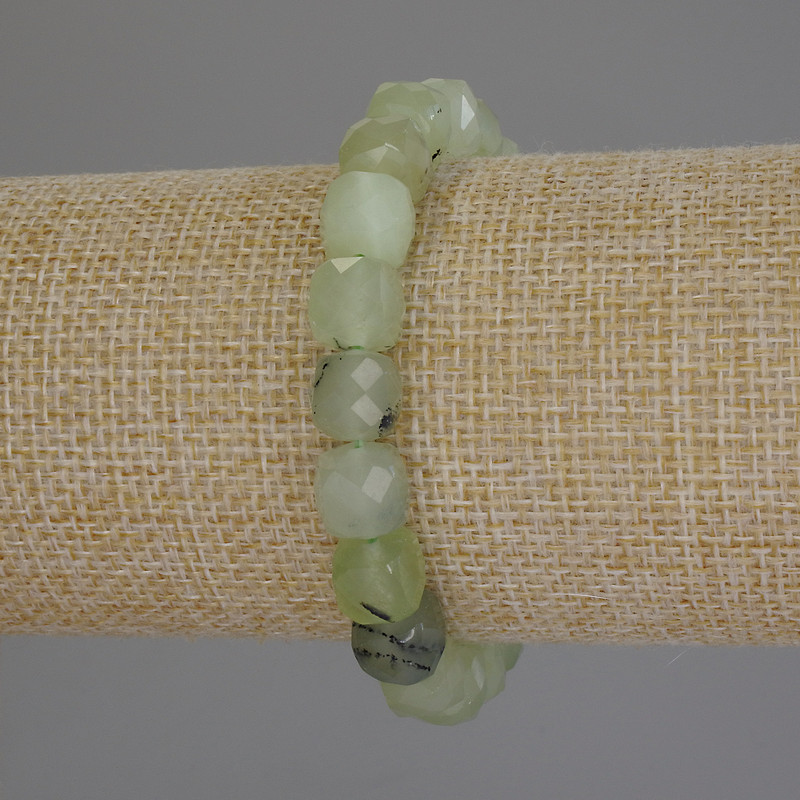Bracelet Prehnite Natural Stone Beads Grenished Cube, 9mm Diameter, 18cm Length (Stretch)