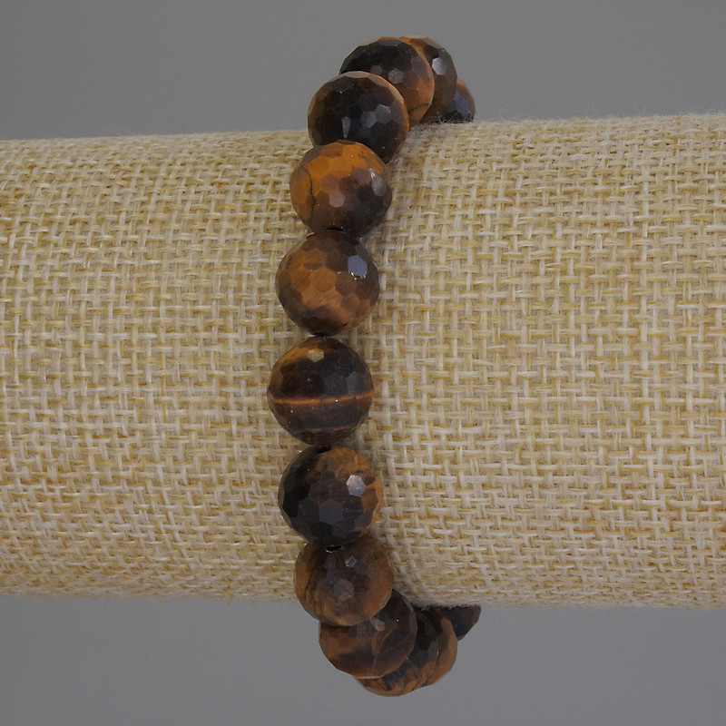 Tiger’s Eye Faceted Round Bead Bracelet, 10 mm diameter, 18 cm length, stretch