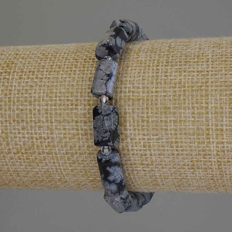 Bracelet Snow Obsidian Apache Tears cut faceted, diameter 12x7mm±, seed beads 3mm±, length 18cm±, stretch