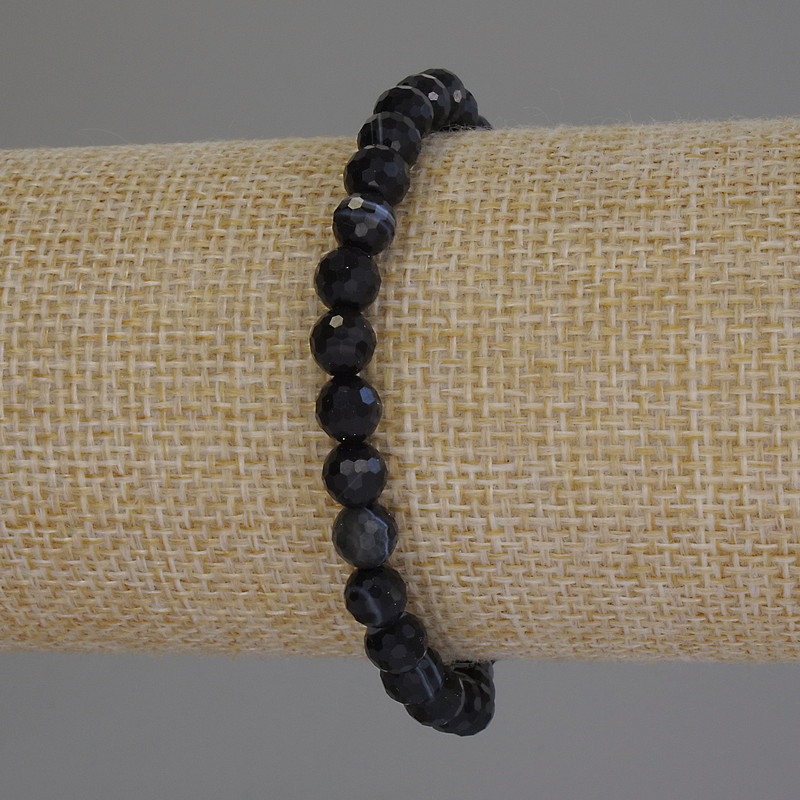 Agate Bead Bracelet, faceted round beads, 6mm diameter, 18cm length, stretch