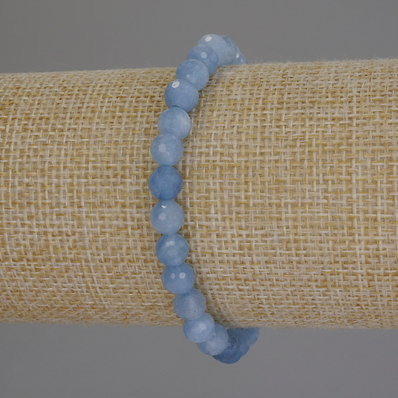 Aquamarine Beaded Bracelet with Faceted Round Beads, 6mm diameter, 18cm length, stretch