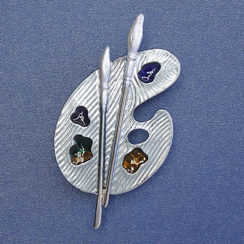 Brooch Palette Blue Enamel Silver Metal 50x27mm+
