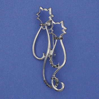 Brooch 'Cats' with Gray Rhinestones on Silver Metal 58x26mm+