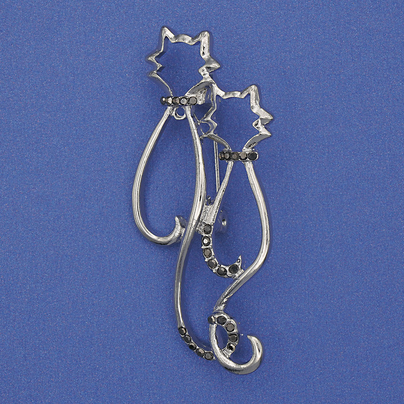 Brooch 'Cats' with Gray Rhinestones on Silver Metal 58x26mm+