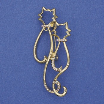 Brooch 'Cats' Rainbow Crystals Matte Gold Tone Metal 58x26mm+