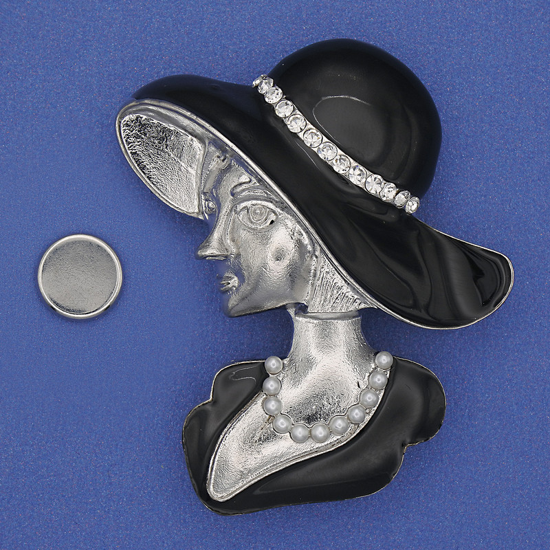 Magnetic Brooch: 'Girl in a Hat' with White Crystals, Black Enameling, Silver-Tone Metal 53x45mm