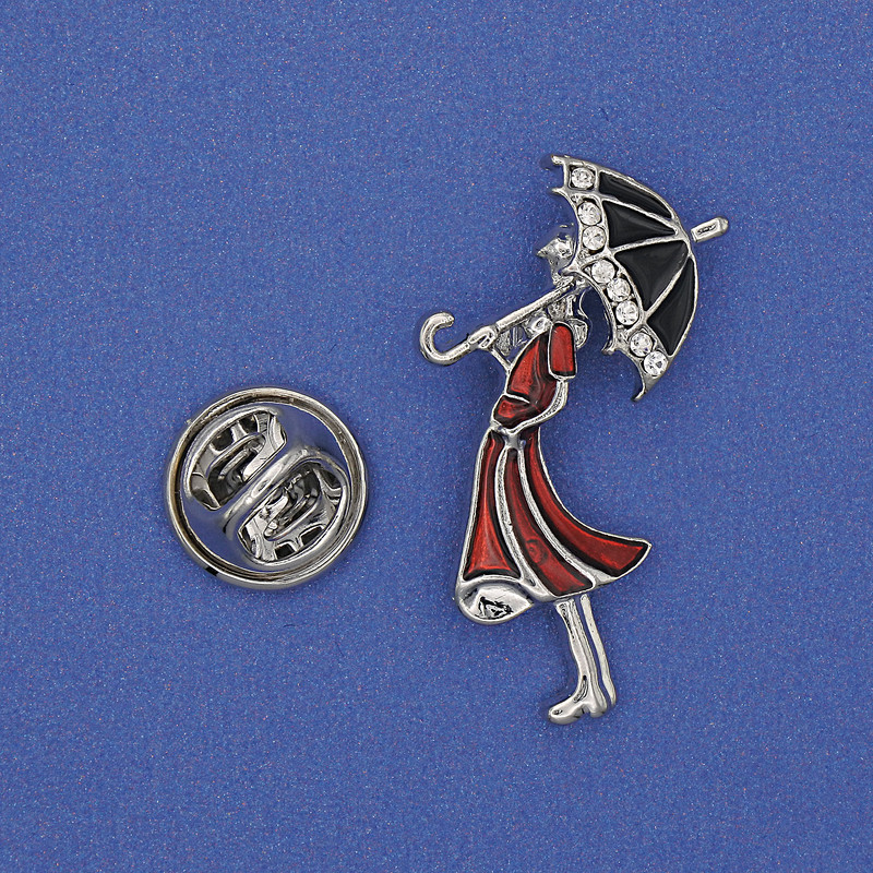 Brooch: Girl with Umbrella, white crystals, red enamel, golden metal, 32x16mm+