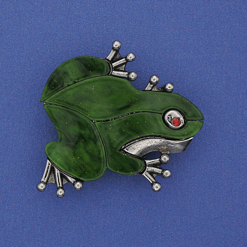 Brooch pendant Frog with Mother-of-P Pearl green color with crystals silver metal 35x34mm+