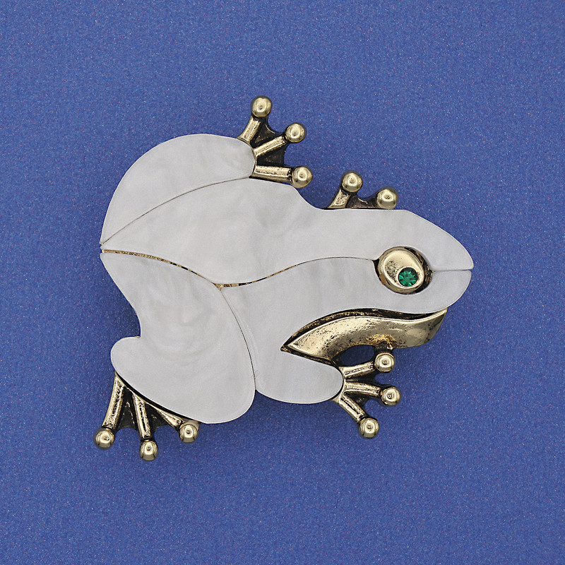Brooch Pendant Frog Mother-of-P pearl White with crystals Gold-tone metal 35x34mm+