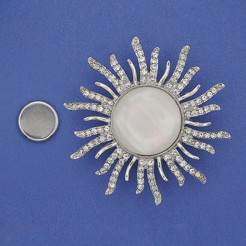 Magnetic Brooch Pearl Sun White Crystals Silver Metal 47mm+