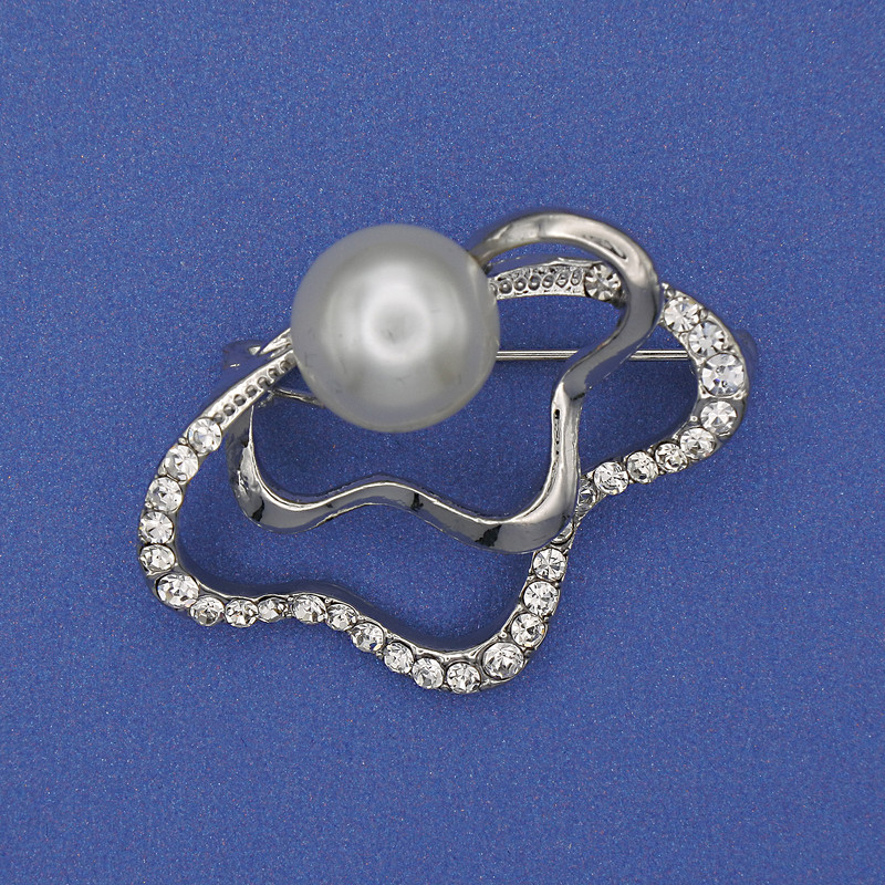 Brooch Accent with Pearl and White Rhinestones, Silver Metal, 37x30mm+