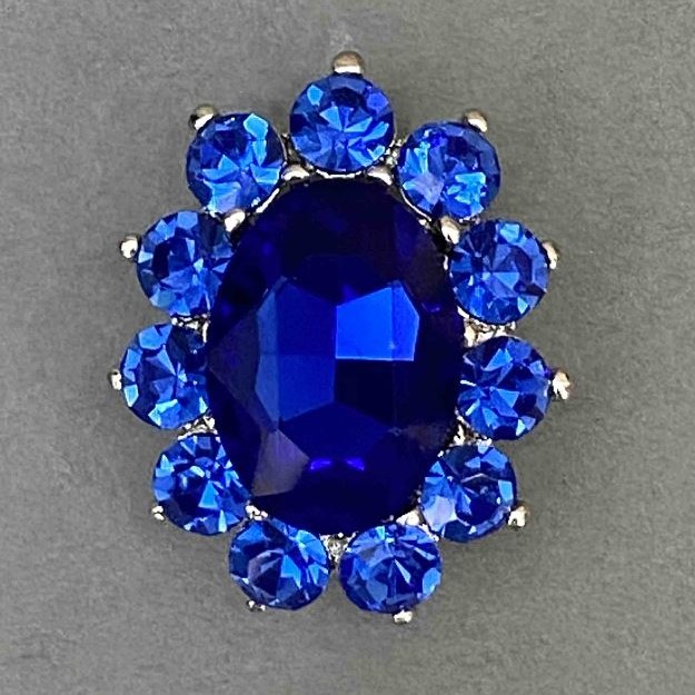 Brooch Accent with blue crystal, rhinestones, silver metal 30x24mm+