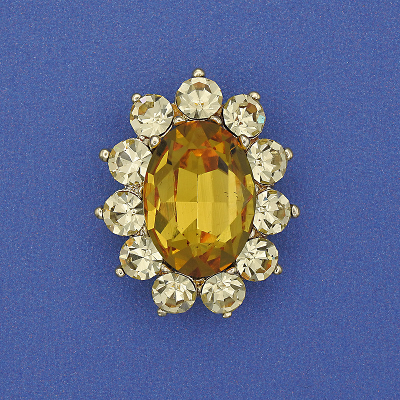 Brooch Accent with Yellow Crystal, Rhinestones, Gold-Tone Metal 30x24mm+
