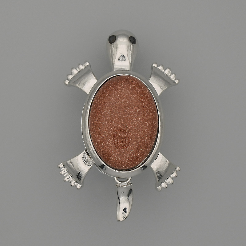 Brooch Pendant Turtle Aventurine Golden Sand 52x35mm± moving parts silver metal